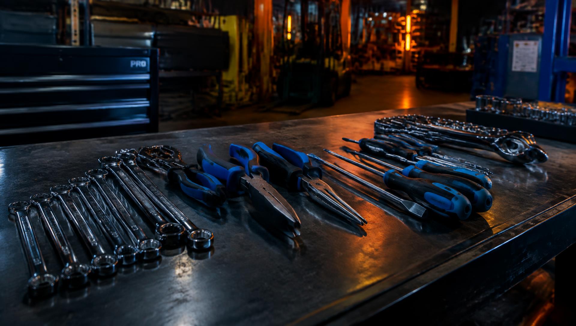 Professional hand tools on an industrial workbench